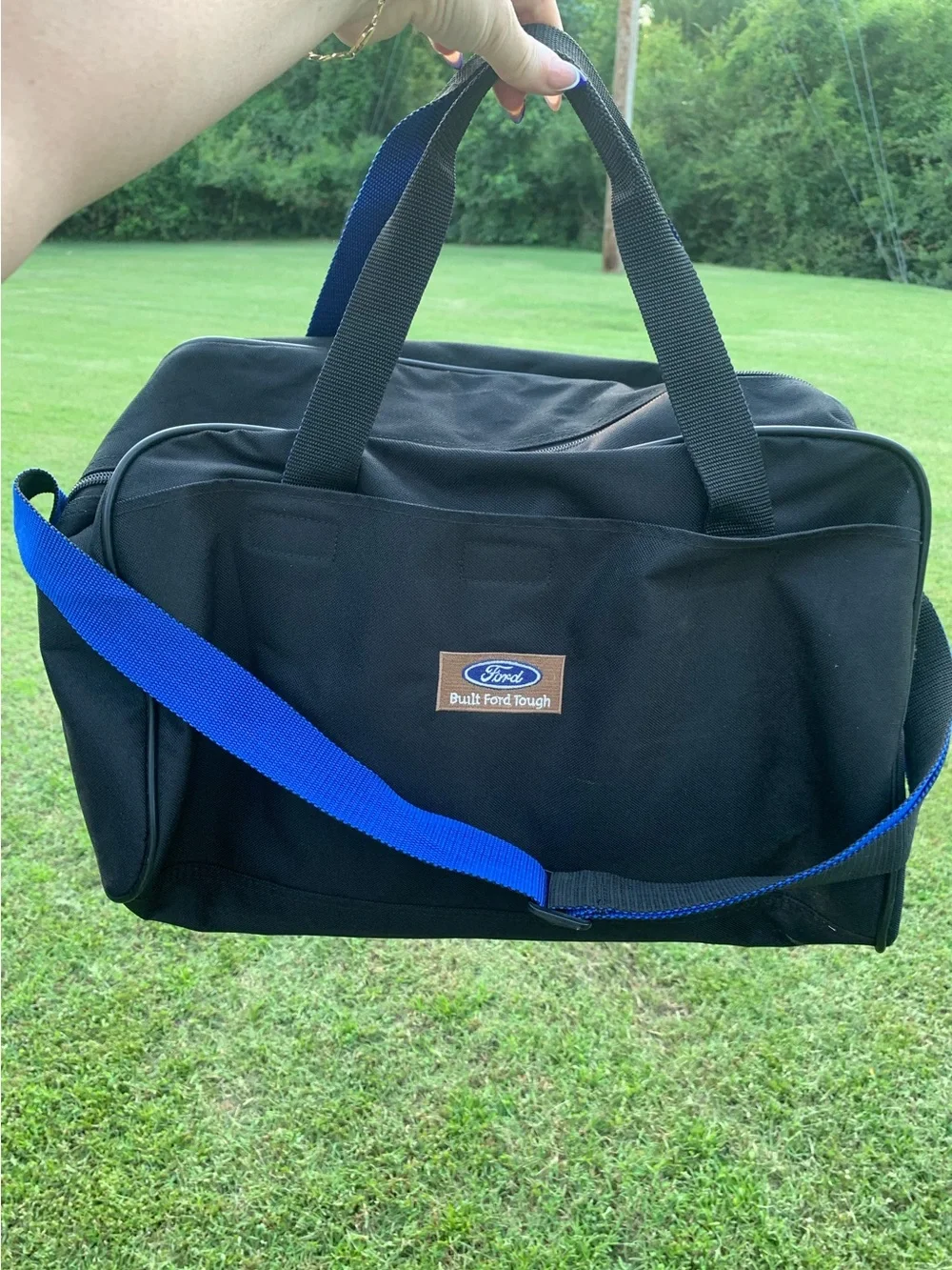 Vintage Ford Black Canvas Duffel with Bright Blue Shoulder Strapww